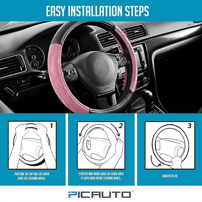 PIC AUTO Steering Wheel Cover, Silk Grain Leather Car Steering Wheel Protector, Comfortable Grip, Universal 14.5-15.5 Inch Anti-Slip Steering Wheels Accessories for Men & Women (Pink)