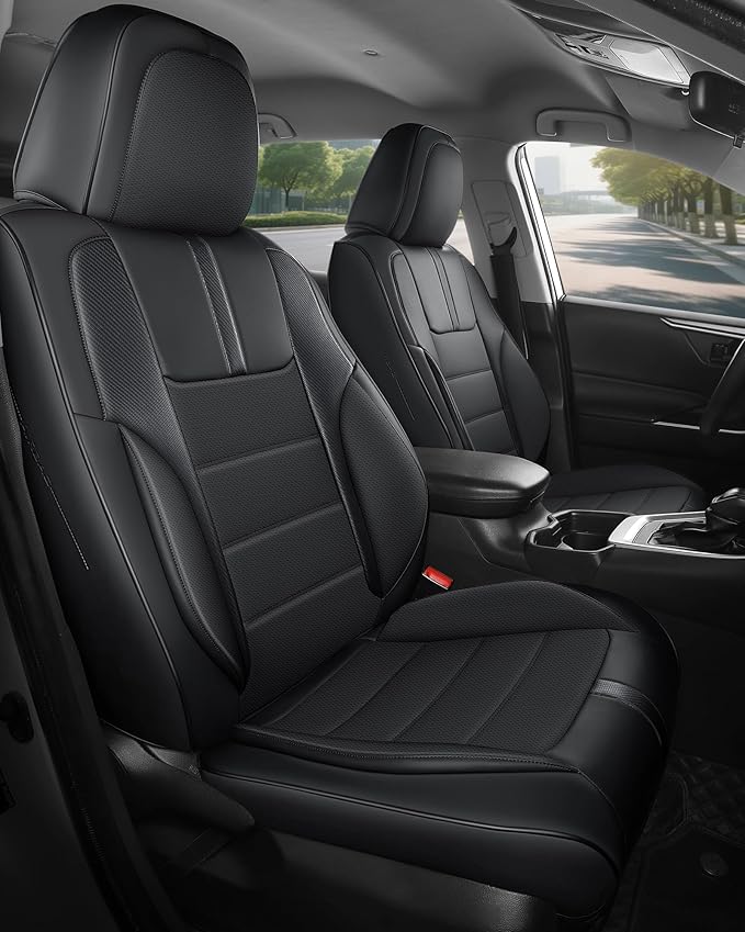 FREESOO Black Front Car Seat Covers - Faux Nappa Leather Seat Covers for Cars, with Carbon Fiber Texture Seatbelt Pads, Waterproof Cushion Protectors Fit for Most Vehicles Sedans SUV Trucks Corolla