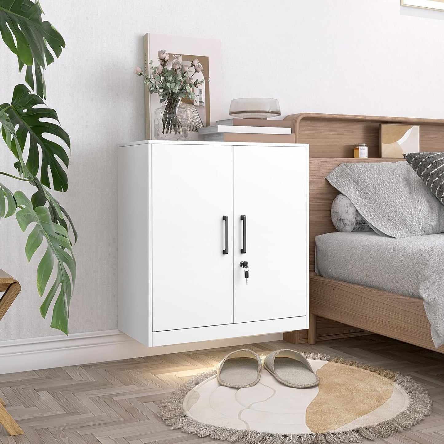 LUCYPAL Locking Storage Cabinets,Metal Cabinet with Adjustable Shelves and 2 Doors,Steel Counter Cabinet with Lockable Doors for Home Office (White)