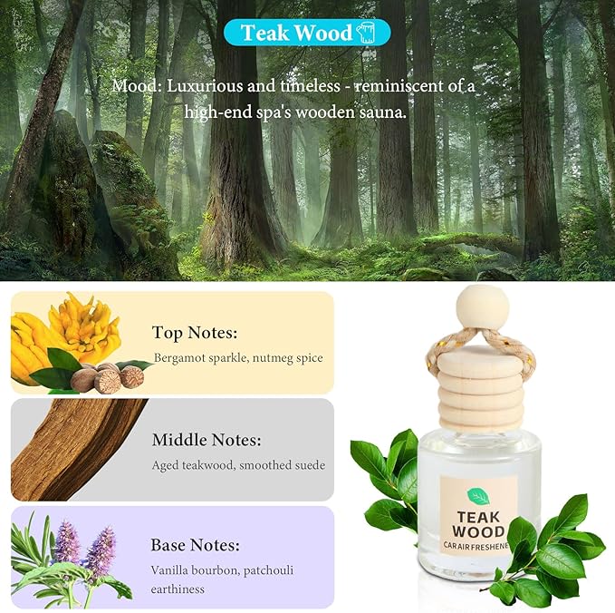 Car Air Freshener Oil Diffuser - Hanging Long Lasting Scent for Car & Home, Essential Oil Freshener with Adjustable Fragrance (Teak Wood+Black Ice+Bamboo Rain+White Tea)