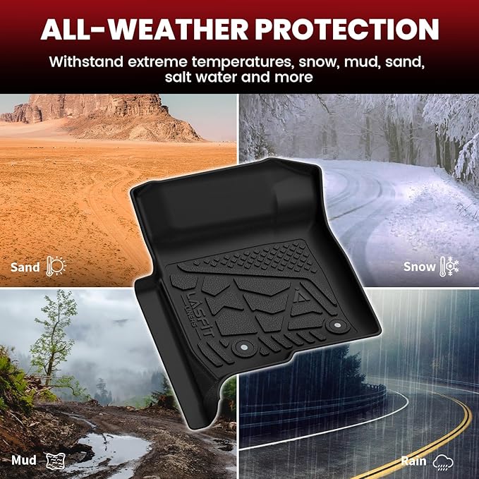 LASFIT Floor Mats for Ford F-150 2011-2014 SuperCrew Carpet Floor Front Row w/Flow-Through Console All Weather Protector TPE Truck Liners, 1st & 2nd Row, 3pcs Black