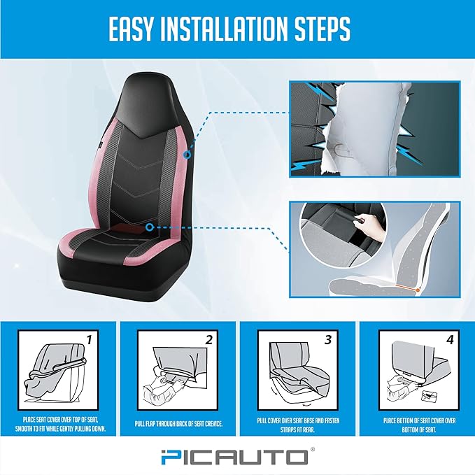 PIC AUTO Leather Car Seat Covers, Sports Carbon Fiber & Mesh Design, High-Back Two Front Set, Waterproof Automotive Seat Covers, Airbag Compatible, Universal Fit for Most Cars (Black & Pink)
