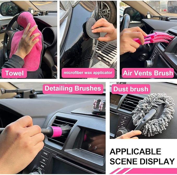 21Pcs Car Wash Kit,62" Car Wash Brush Mop with Long Handle,Car Cleaning Kit,Car Detailing Brush Set,Car Wash Bucket with Filter,Windshield Window Squeegee for Cars RV Truck Boat (Pink)