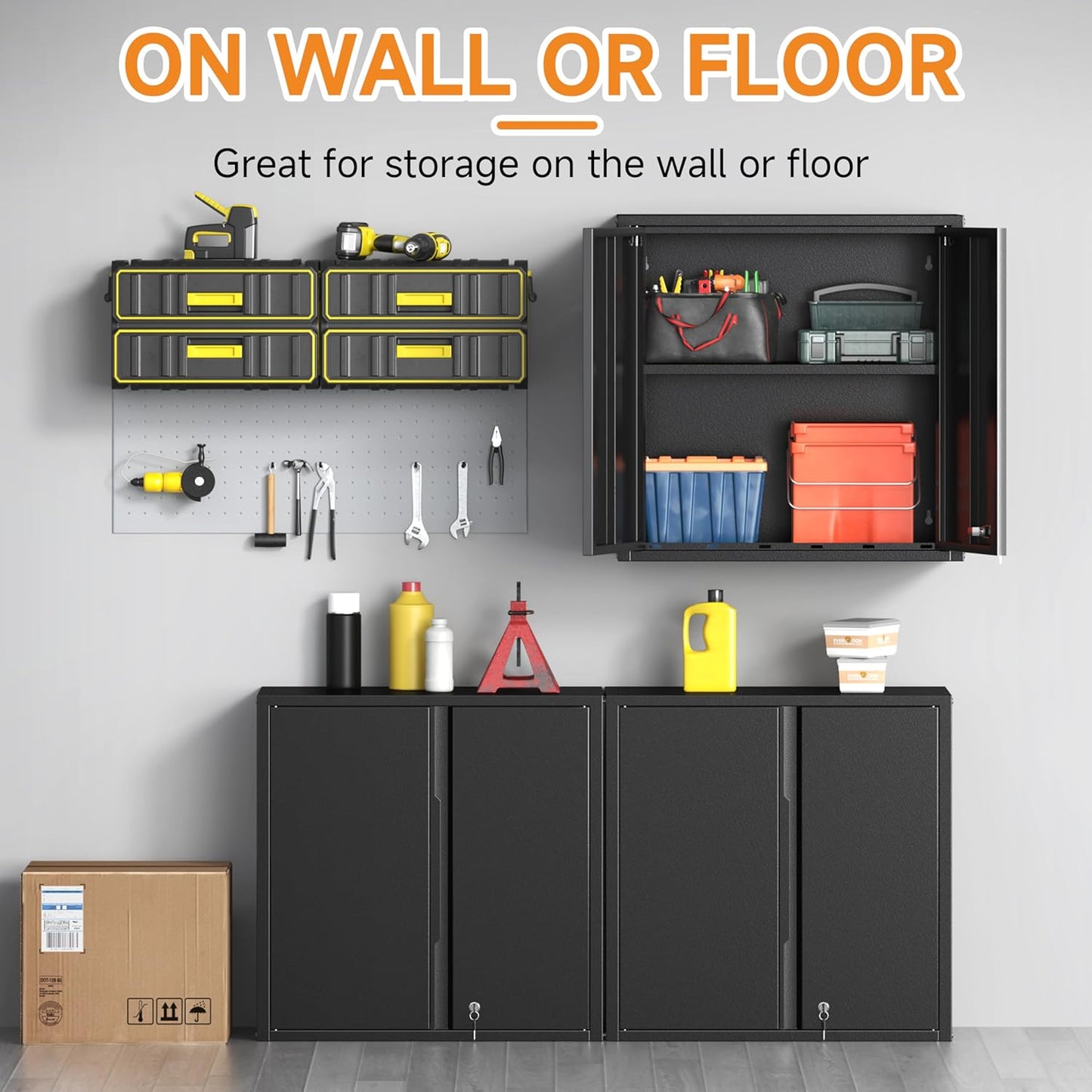 Metal Garage Wall Cabinet with 2 Doors and 1 Adjustable Shelf,Lockable Floating Tool Cabinet with Pegboard,Black Steel Storage Cabinet for Kitchen,Office,Garage,Laundry,Warehouse(Black, 26" H)