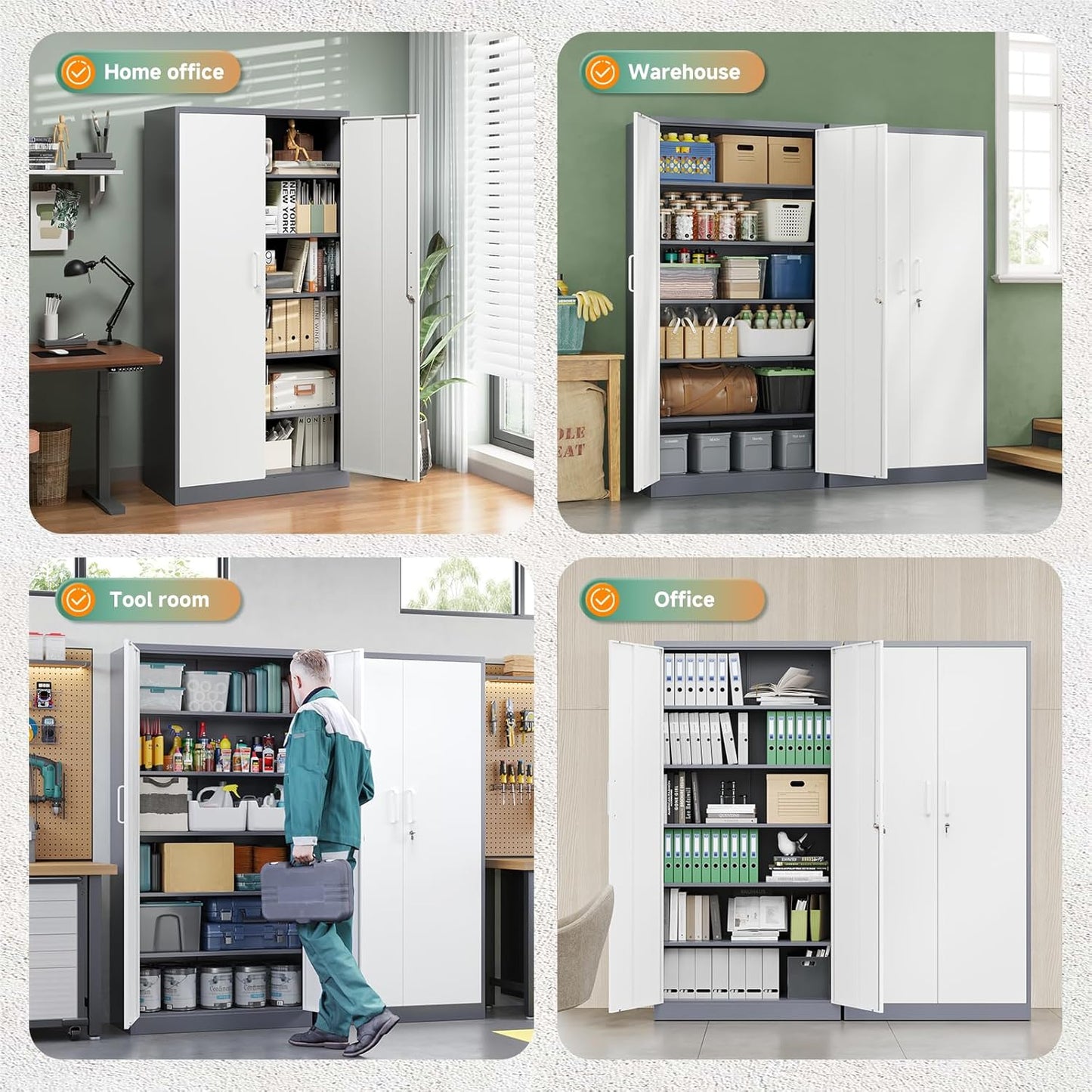 Letaya Metal Storage Cabinet with Lock Door, 71" Adjustable Shelf Steel Lockers for Office, Home,School,Garage Utility Tool Cabinet (2 Door-White&Gray)