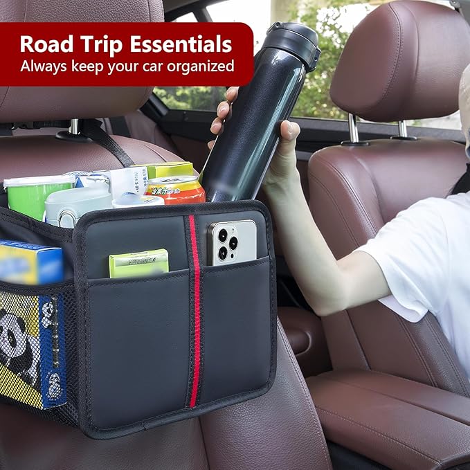 Hanging Car Seat Organizer Backseat Car Organizer - Premium PU Leather Car Backseat Organizer Road Trip Essentials, Multifunction Car Seat Back Organizer for Kids & Adults (Black)