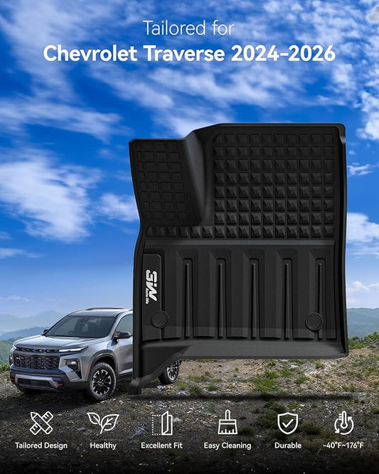 3W Floor Mats & Cargo Liner for Chevrolet Chevy Traverse 2024-2026 (Only 7 Seats) & GMC Acadia 2024-2026 (Only 7 Seats) & Buick Enclave 2025-2026, All Weather TPE Custom Fit Floor Liners