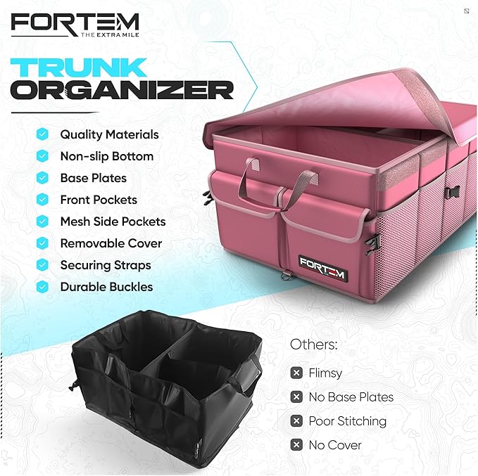 FORTEM Car Trunk Organizer, Collapsible Multi Compartment SUV Organizer, Foldable Storage for Car Accessories for Women Men, 600D Oxford, Non Slip Bottom, Securing Straps, Soft Cover (50L)