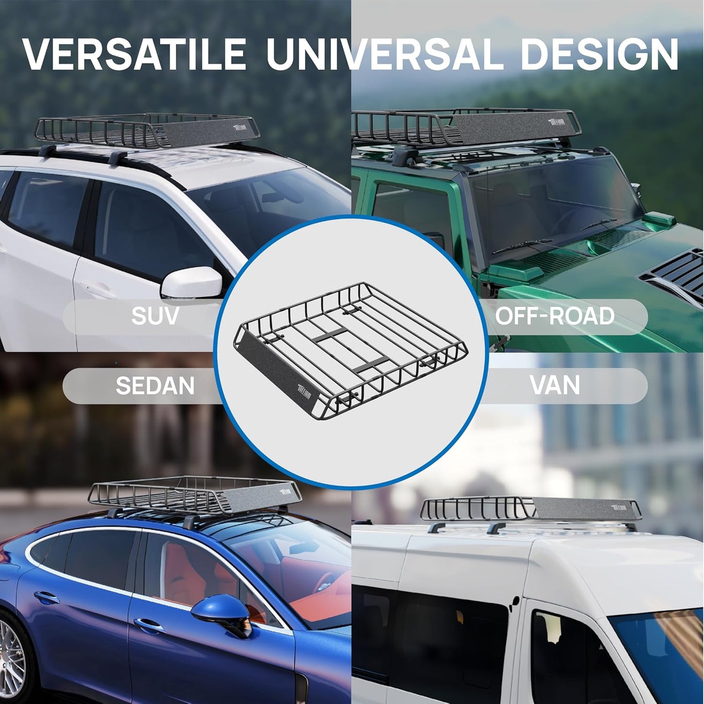 TUFFIOM 46"x 36"x 6" Universal Rooftop Cargo Carrier Basket, Heavy Duty Steel Roof Rack Basket w/4 Straps with Hook, Car Top Rack Luggage Holder Carrier for SUV Car Truck Van