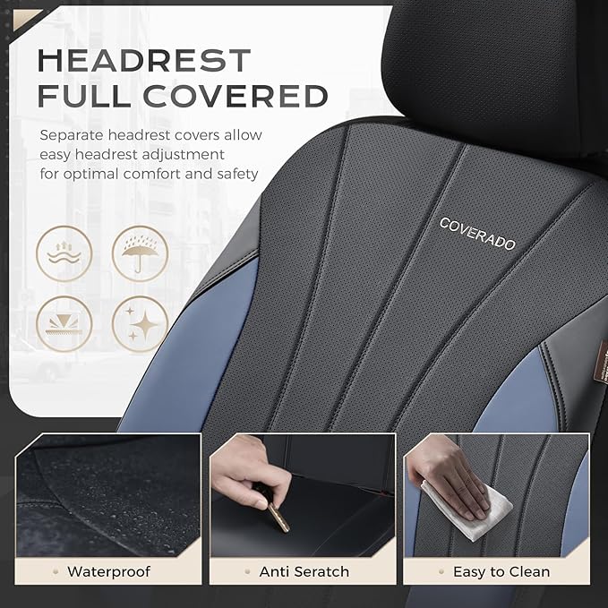 Coverado Seat Covers, Car Seat Covers 5 Seats, Luxury Leather Seat Protectors, All-Weather Protection, Blue Auto Seat Covers Full Set Universal Fit for Most Vehicles SUV Truck Sedan