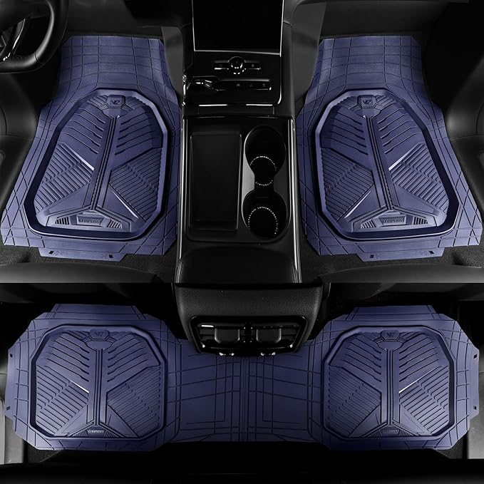 CAR PASS Heavy Duty Rubber Car Mats, Deepdish All Weather Floor Mats for Car Full Set, Universal Automotive Mats Trim to Fit for Sedans SUVs Trucks, Waterproof Anti-Slip, 3 Pieces V12 Navy Blue