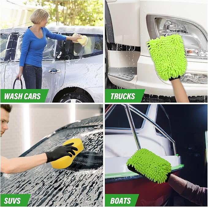 2 Pack Car Wash Mitt Microfiber & Car Wash Sponge,Non Scratch Microfiber Mitt and Sponges for Car Washing Supplies,Trucks and Motorcycles