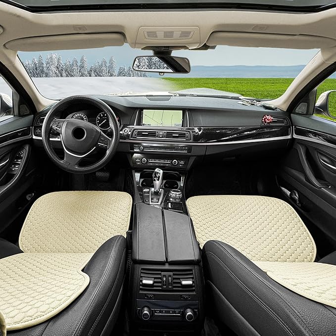 ENOGE 2 PCS Leather Car Seat Covers Front Seats Universal Sideless Seat Covers with Seat Belt Covers and Storage Pocket Waterproof Car Seat Protectors for Cars, SUV, Trucks (Beige)