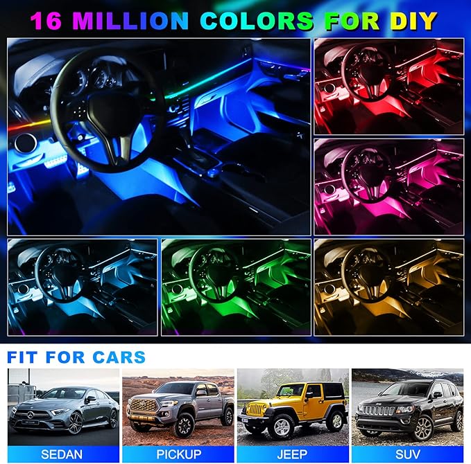 LED Acrylic Car Interior Lights, 6 in 1 Dreamcolor RGB Car Ambient Lighting Kit for Car Included 175-inch Fiber Optic Car Neon Lights String, APP Control, Music Sync Rhythm