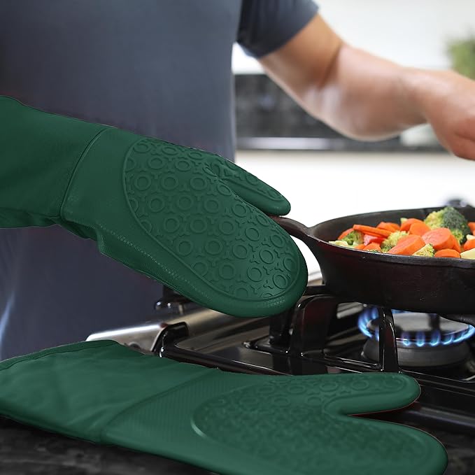 BPA-Free Silicone Oven Mitts Ultra Heat Resistant up to 500°F - Oven Mitts with Thick Cotton Liner - Long Slip Resistant Pot Holders, Flexible Oven Gloves - Green 13.7