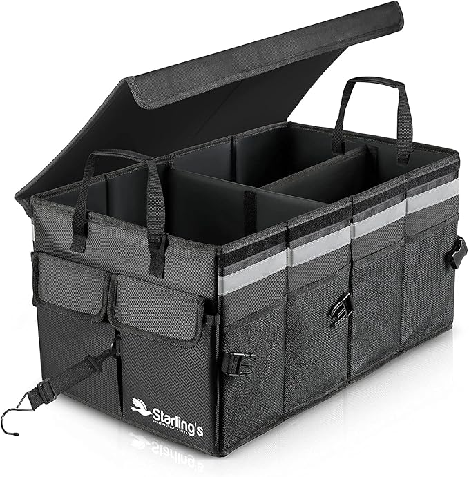Starling's Car Trunk Organizer Super Strong, Foldable Storage Cargo Box for SUV, Auto, Truck Nonslip Waterproof Bottom, Fits any Vehicle, Come w Adjustable TieDown Straps W LID (Black, 2