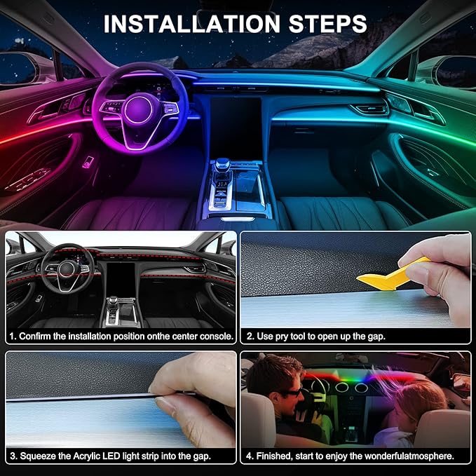 Dreamcolor Acrylic Interior Car LED Strip Light with Wireless APP, RGB 6 in 1 with 175 inches 593 LEDs Fiber Optic Strip Lights for Car, Dynamic Chasing Music Sync Neon Car Ambient Lighting Kits