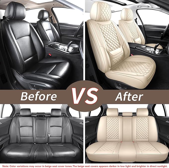 Leather Car Seat Covers Full Set Breathable Automotive Seat Covers Waterproof Seat Protectors Universal Fit for Most Automotive Cars SUV Trucks Van (Beige, Full Set)