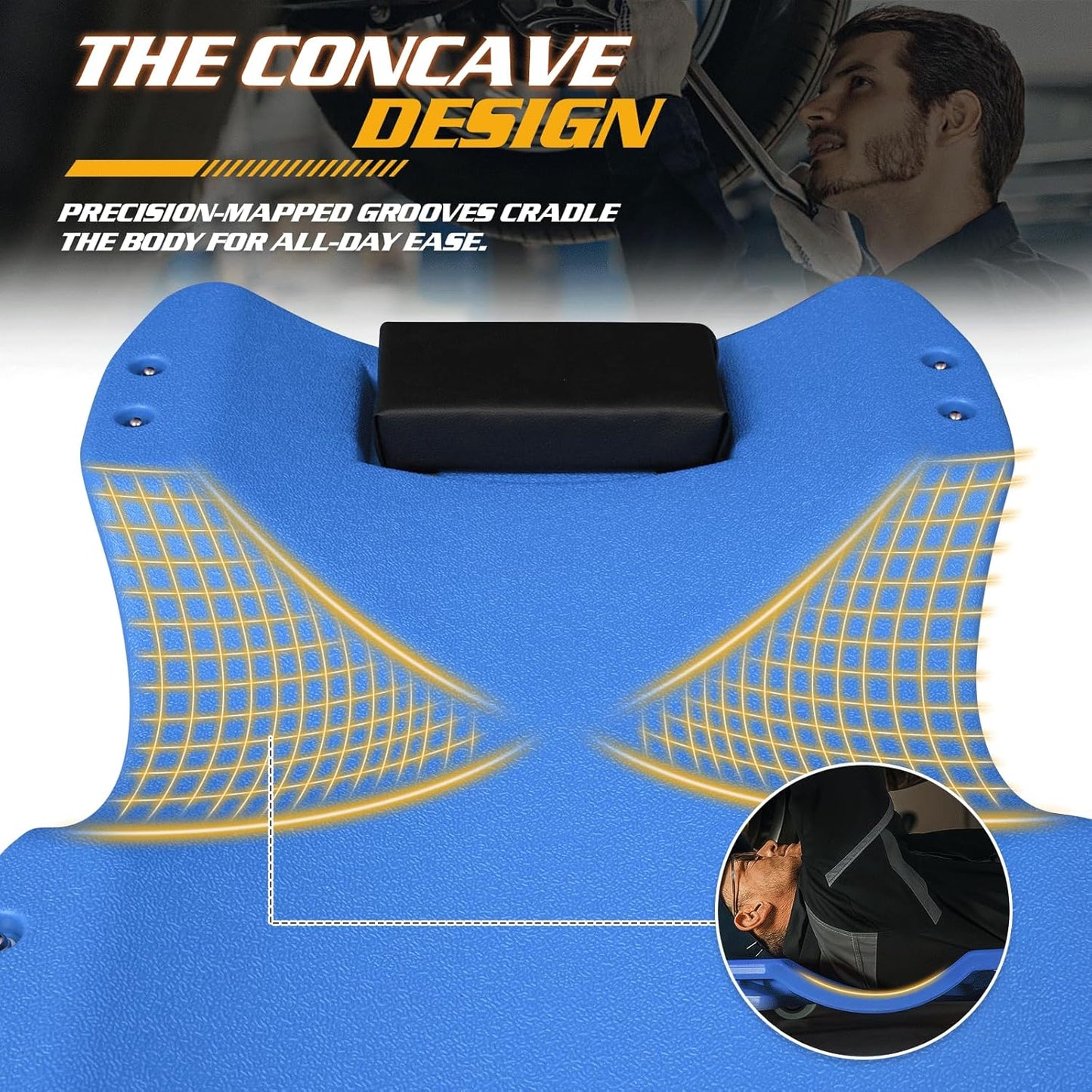 Magshion Mechanic Creeper with Padded Headrest & Tool Trays – 440 lbs Capacity, Rolling Garage Creeper with 6 Swivel Wheels, Lightweight & Portable Under Car Creeper for Auto Repair (Blue)