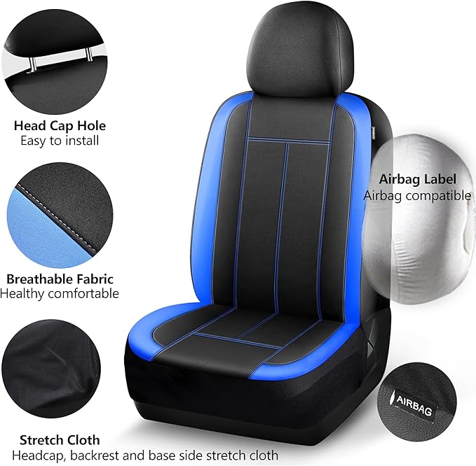 Seat Covers Neoprene Waterproof, Premium Cloth Car seat Covers Full Set, Airbag Compatible, Durable, Universal Fit Automotive Seat Covers for Most Cars,Trucks,SUVs(Black Blue 816)
