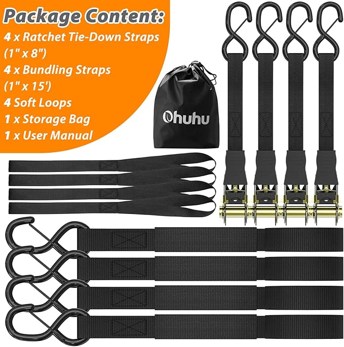 Ratchet Tie Down Straps with Safety Clip 4-Pack 1" x 15' & 4 Soft Loops - 500 lbs Load Cap 1500 lbs Breaking Limit, Ohuhu Ratchet Tie Downs Logistic Cargo Straps for Moving Appliances, Motorcycle