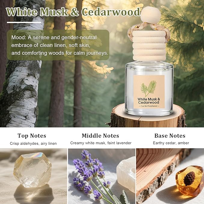 Car Air Freshener Oil Diffuser - Hanging Long Lasting Scent for Car & Home (BlackBerry & Bay, White Musk & Cedarwood, English Pear & Freesia, Wild Bluebell)