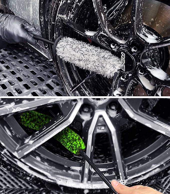 YeewayVeh 4PCS Car Wheel Cleaning Kit, Bendable Wheel Brush and Microfiber Scratch-Free Wheel Cleaner Brush, Tire and Car Detailing Brush Set for Cleaning Rims Fenders Engine and Exhaust, Green&Black