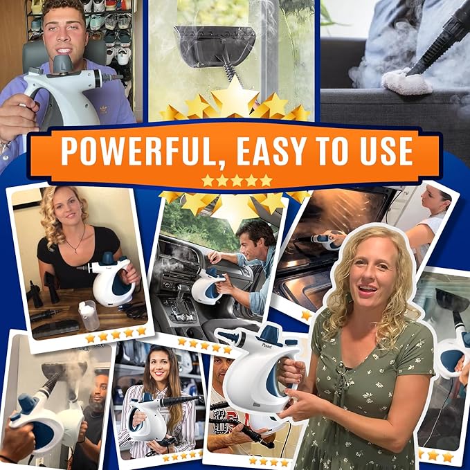 Pressurized Handheld Multi-Surface Natural Steam Cleaner with 12 pcs Accessories, Multi-Purpose Steamer for Home Use, Steamer for Cleaning Floor, Upholstery, Grout and Car (White&Blue)