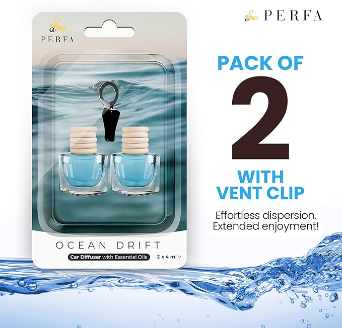 Car Air Fresheners - Ocean Drift Car Air Freshener for Men | Pack of 2 Long Lasting Automotive Air Freshener | Odor Eliminator Car Perfume with Essential Oils | Car Air Freshener Vent Clip by Perfa