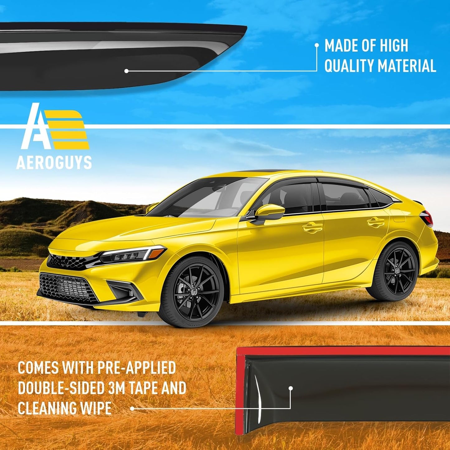 Extra Durable Window Deflectors Tape-On Window Visors Rain Guards Fit for Honda Civic 2022-2025 Sedan, Sun Visors, Wind Vent for Shades, Exterior Car Accessories - 4pcs. AG0959