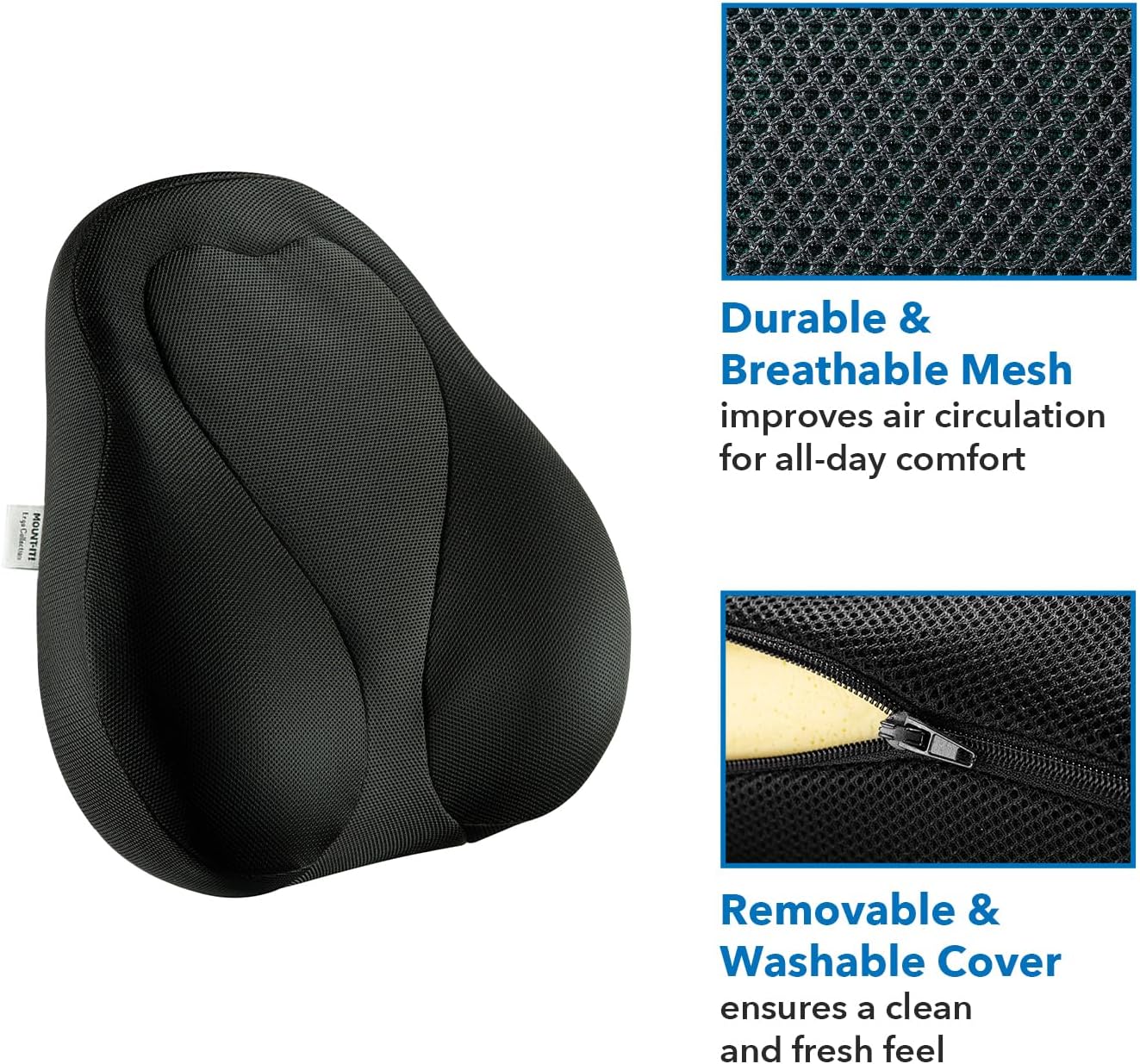 Mount-It! Office Chair Cushion, Lumbar Support Pillow for Office Chair, Back Support for Work, Office, Gaming with Memory Foam Filling for Back Pain Relief, Improve Posture, Black with Washable Cover