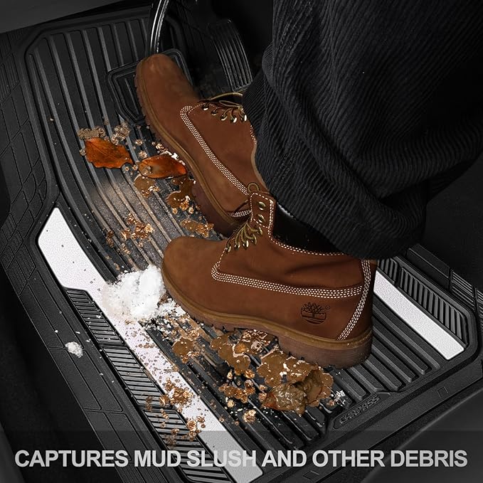 CAR PASS Heavy Duty Rubber Car Mats Metallic,Aluminum Film All Weather Floor Mats Waterproof Universal Trim to Fit SUVs Sedans Vans 4 Piece Anodized Deep Dish Two-Tone Sporty Black White Chrome