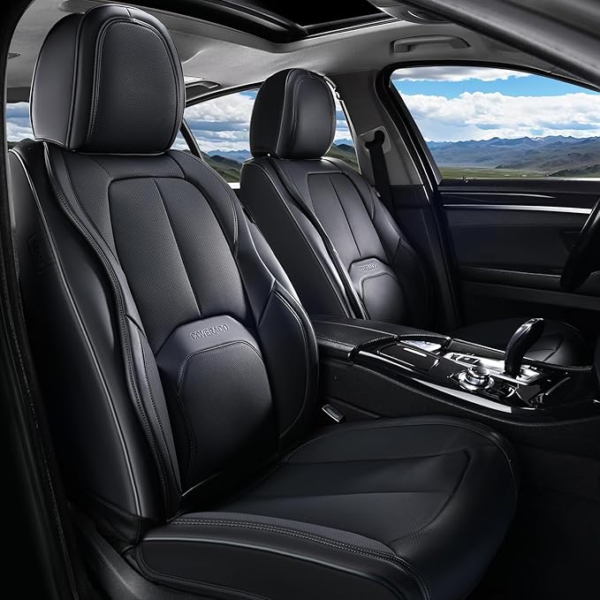 Coverado Car Seat Covers Full Set, Premium Nappa Leather Seat Covers for Car, Waterproof Car Seat Protector with Lumbar Support, Automotive Seat Covers Universal Fit for Most Cars SUV Truck(Black)