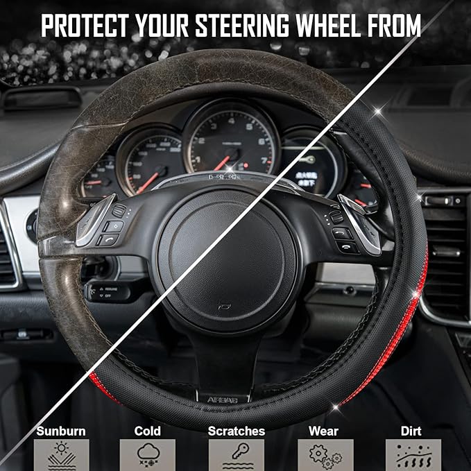 CAR PASS Bling Diamond Black Leather Steering Wheel Cover, Studded Crystal Rhinestones Universal Fit 14" 1/2-15" Glitter for Women Sparkle Girl Fit Suvs,Vans,Sedans,Car,Trucks, Red Diamond