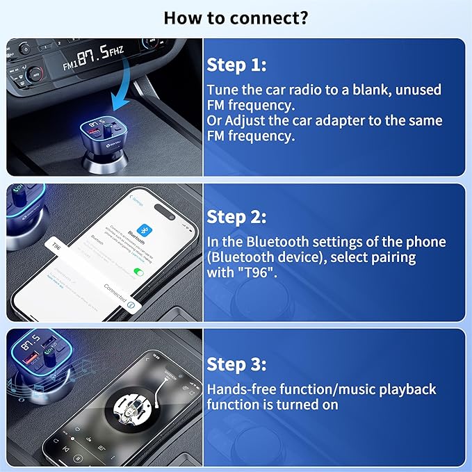 SONRU Bluetooth 5.3 FM Transmitter, Wireless Radio Adapter Car Kit, Audio Receiver Car Charger, Wireless FM Radio Transmitter, Hands-Free Calling and 2 USB Ports Charger, HiFi Treble & Bass Player