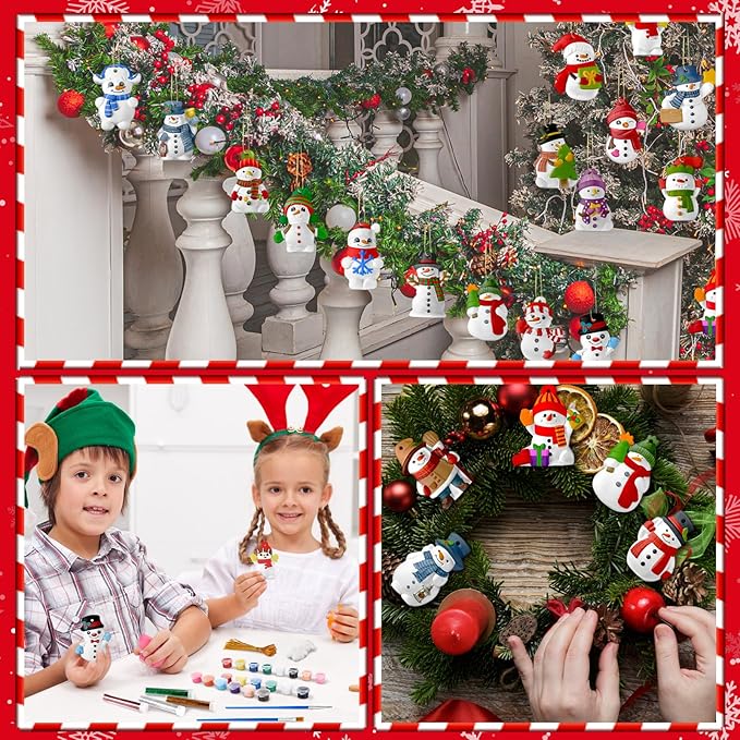 TecUnite 28 Pcs Ceramic to Paint Christmas Ornament Crafts Adults Unpainted DIY Ceramic Figurines Decorate and Paint Your Own Ornaments Kits DIY Craft Xmas Holiday Activities(Snowman)