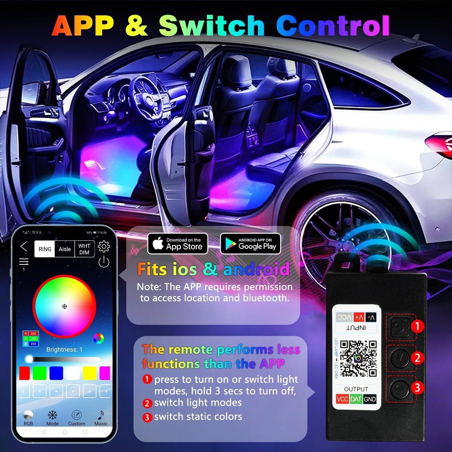 Car Led Interior Foot Well Light Strip Under Dash Bendable PVC Housing RGB 48LEDs Customizable 210 Modes Static Chase Gradient Strobe, Timer App Switch Control, USB 5V, No Remote