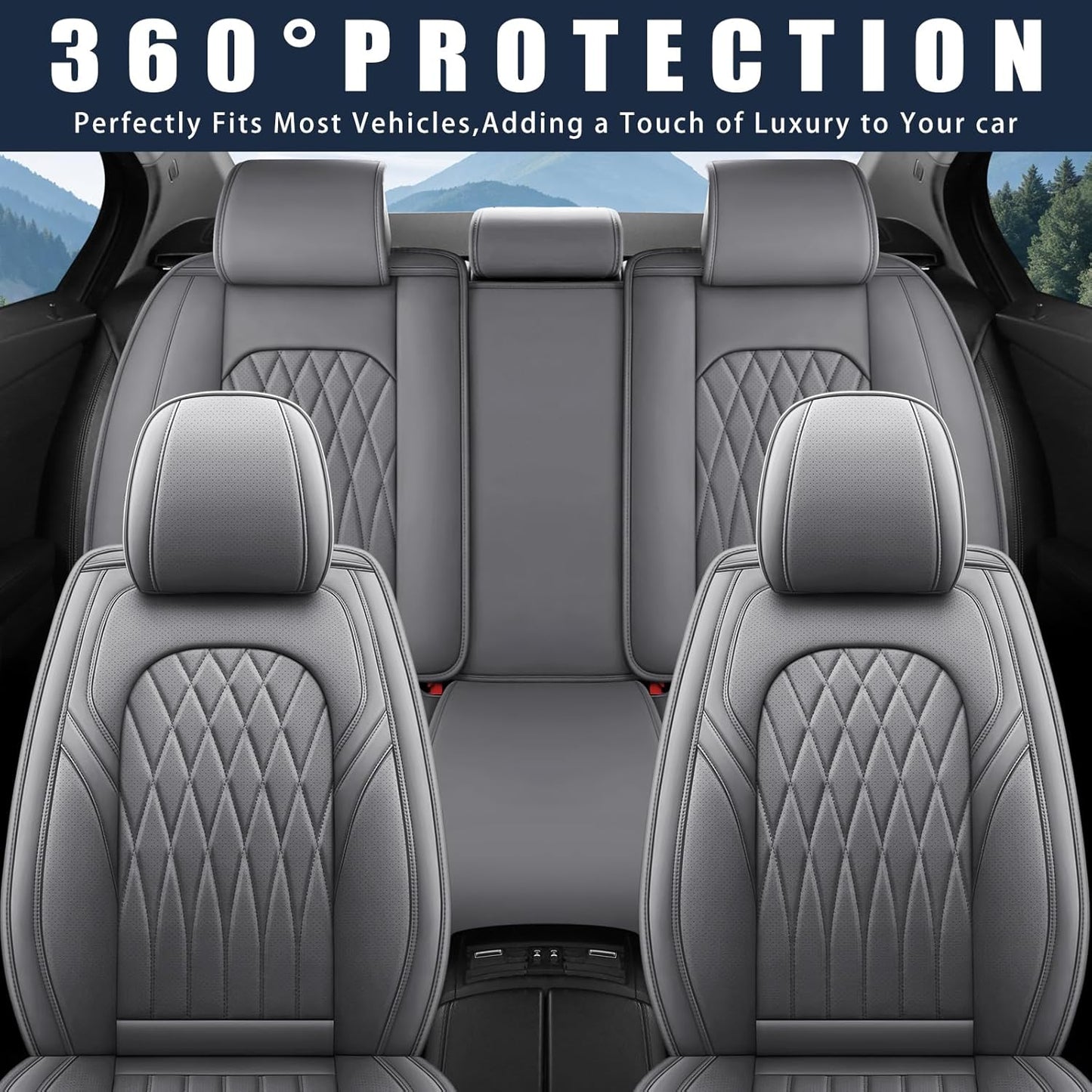 WELLDO Car Seat Covers Full Set, Faux Leather Seat Covers for Cars, Car Seat Protector Waterproof, Non-Slip Car Interior Covers Full Set Universal Automotive Seat Covers for Most Cars SUVs, Gray