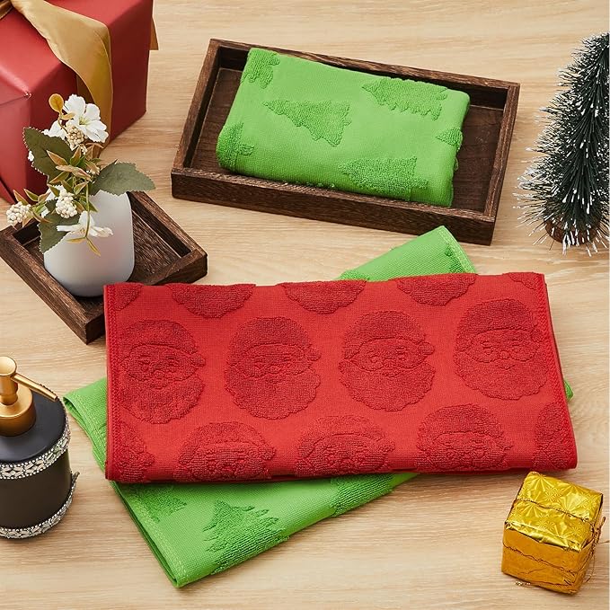 4 Pack Christmas Hand Towels Red Green Holiday Bathroom Face Towels Absorbent 100% Cotton with 3D Jacquard Santa and Christmas Tree Pattern for Decorative Xmas Gift