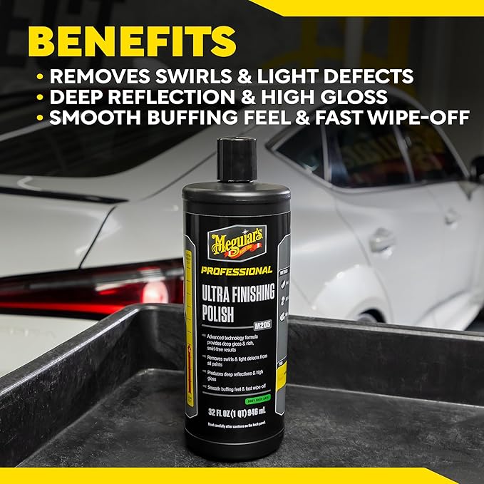 Meguiar's M205 Mirror Glaze Ultra Finishing Polish, Easy-to-Use Formula for Impeccable Shine, Multiple Ways to Apply Mirror Glaze, Removes Defects and Swirls for a High Gloss, 32 Oz Container