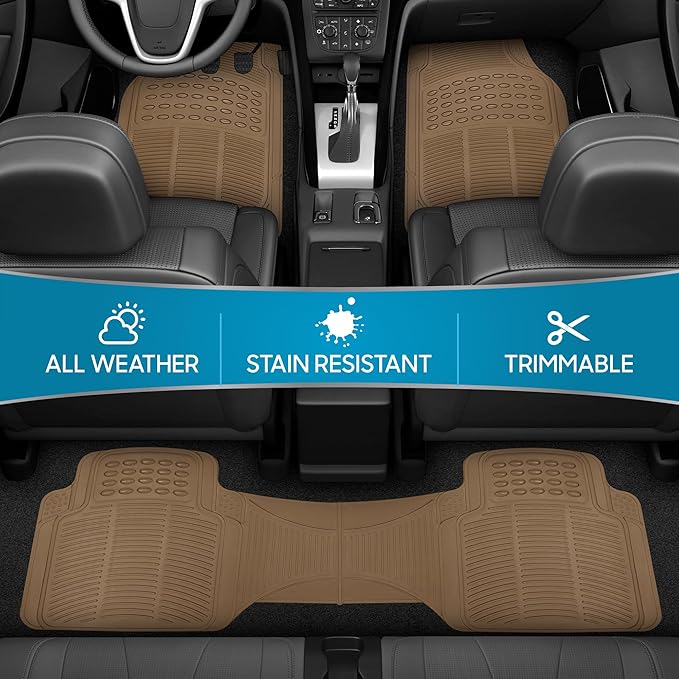 BDK ProLiner Floor Mats for Cars Trucks SUV, 3-Piece All-Weather Car Mats with Universal Fit Design, Durable Car Floor Mats with Capture Ridges, Waterproof Rubber Floor Mats for Cars (Beige)