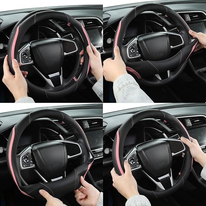 Car Steering Wheel Cover, Leather Steering Wheel Cover Pink Universal 14.5-15 Inch Microfiber Leather Anti-Slip Breathable Auto Steering Wheel Covers for Men Women (Black&Pink)