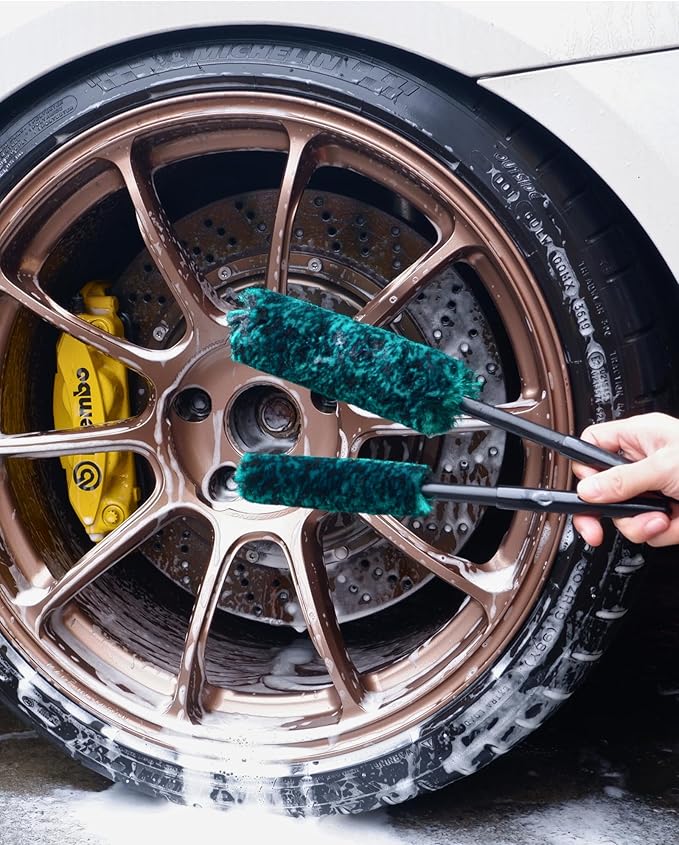Wheel Brushes for Cleaning Wheels (4 Pro Pack)- 2X Soft Wheel Cleaning Woolies Brush, Detailing Brush and Stiff Tire Brush, Scratch Free Durable Car Wheel Rim Brush Kit for Car Rim and Tire Detailing