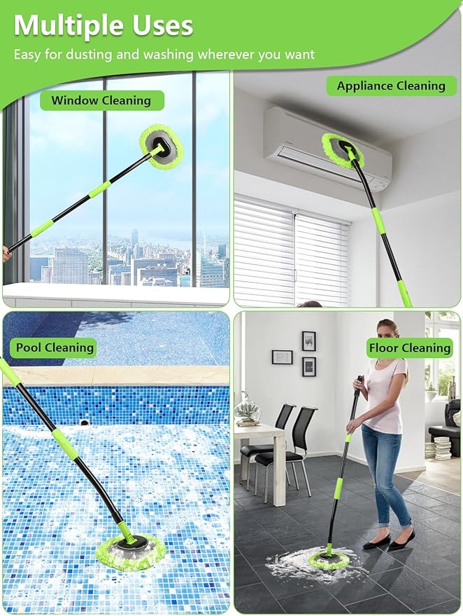 Curved Car Wash Brush Mop 47" with Long Handle Sturdy Metal Pole 3 Grip Points Washing Wand Auto Cleaning Tool Kit Scratch-Free Chenille Microfiber Soft Duster for Cars RV SUV Truck Caravan Van Window