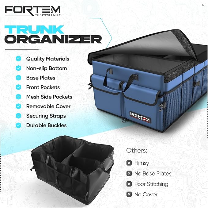 FORTEM Trunk Organizer For SUV Car Trunk Organizer, Foldable Storage, Car Accessories for Women Men, Collapsible Multi Compartment, 600D Oxford, Non Slip Bottom, Securing Straps, Soft Cover (65L)