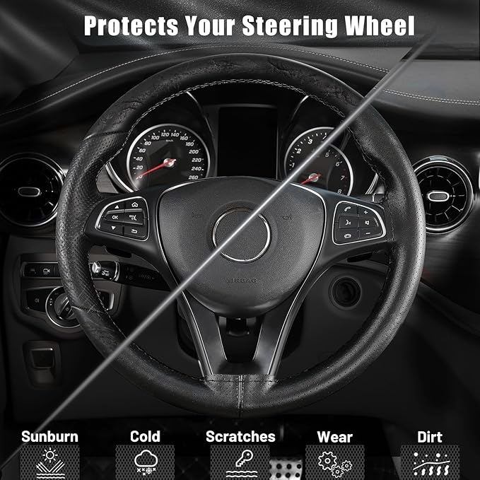 SEG Direct Genuine Leather Steering Wheel Cover, Stitch On Wrap, Breathable Cowhide Steering Wheel Wrap, Standard Size 15 Inch, for Car Truck SUV Pickup Boat, DIY Sewing with Needle Thread, Black