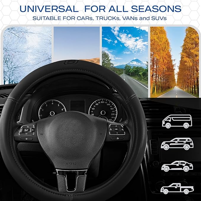 Skechers Memory Foam Steering Wheel Cover,Grade Protein Leather Steering Wheel Cover,Universal Anti-Slip Fit 14" 1/2-15" Car Wheel Cover for Men Women Fit Suvs,Vans,Sedans,Car,Trucks,Black