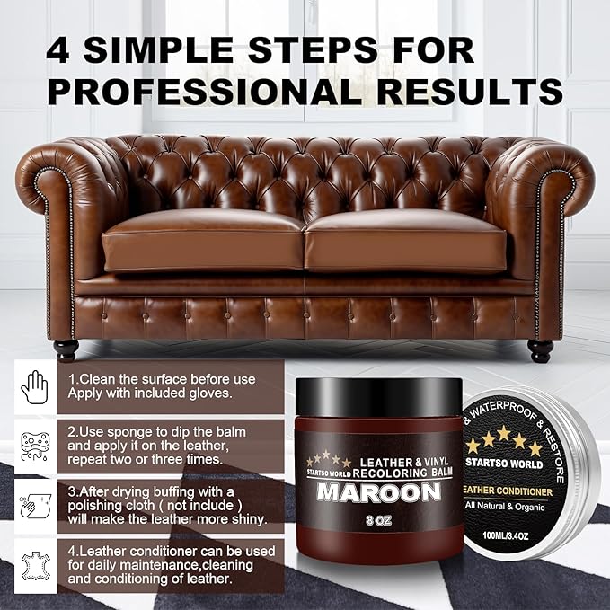 STARTSO WORLD 200Ml Leather Recoloring Balm with 100ML Leather Conditioner, Maroon Leather Repair Kit for Furniture, Leather Dye, Leather Scratch Repair, Leather Couch Paint