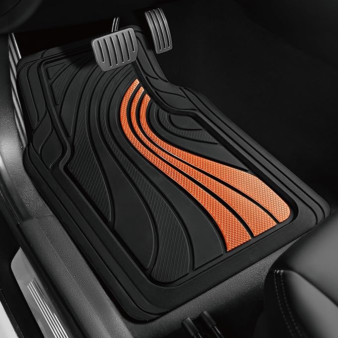 Road Comforts Car Floor Mats Full Set – Front & Rear Car Floor Mats with Aluminum Design, Anti-Slip Backing, All-Weather Protection, Trim-to-Fit Car Mats for Most Sedans, SUVs & Vans - Orange