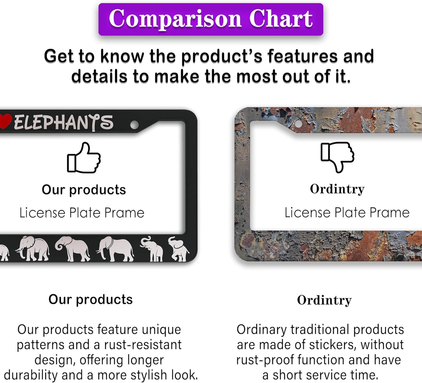 License Plate Frames Black and White Fun License Plate Frame Cover I Love Elephants Universal Aluminum Car Accessory 2 Pack with Screw Covers Set